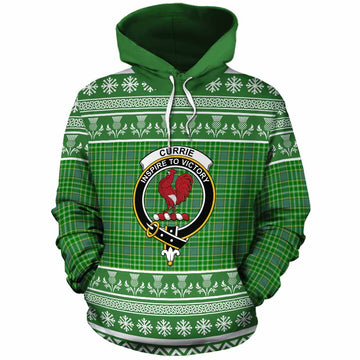 Currie Clan Tartan Christmas Cotton Hoodie with Family Crest