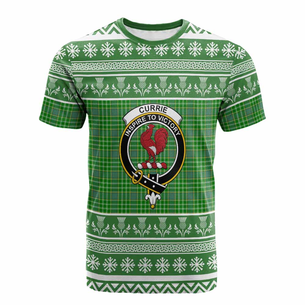 Currie Clan Tartan Christmas Cotton T-shirt with Family Crest - Tartan Vibes Clothing