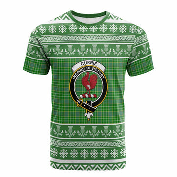 Currie Clan Tartan Christmas Cotton T-shirt with Family Crest