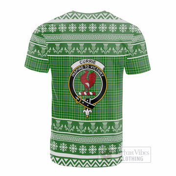 Currie Clan Tartan Christmas Cotton T-shirt with Family Crest