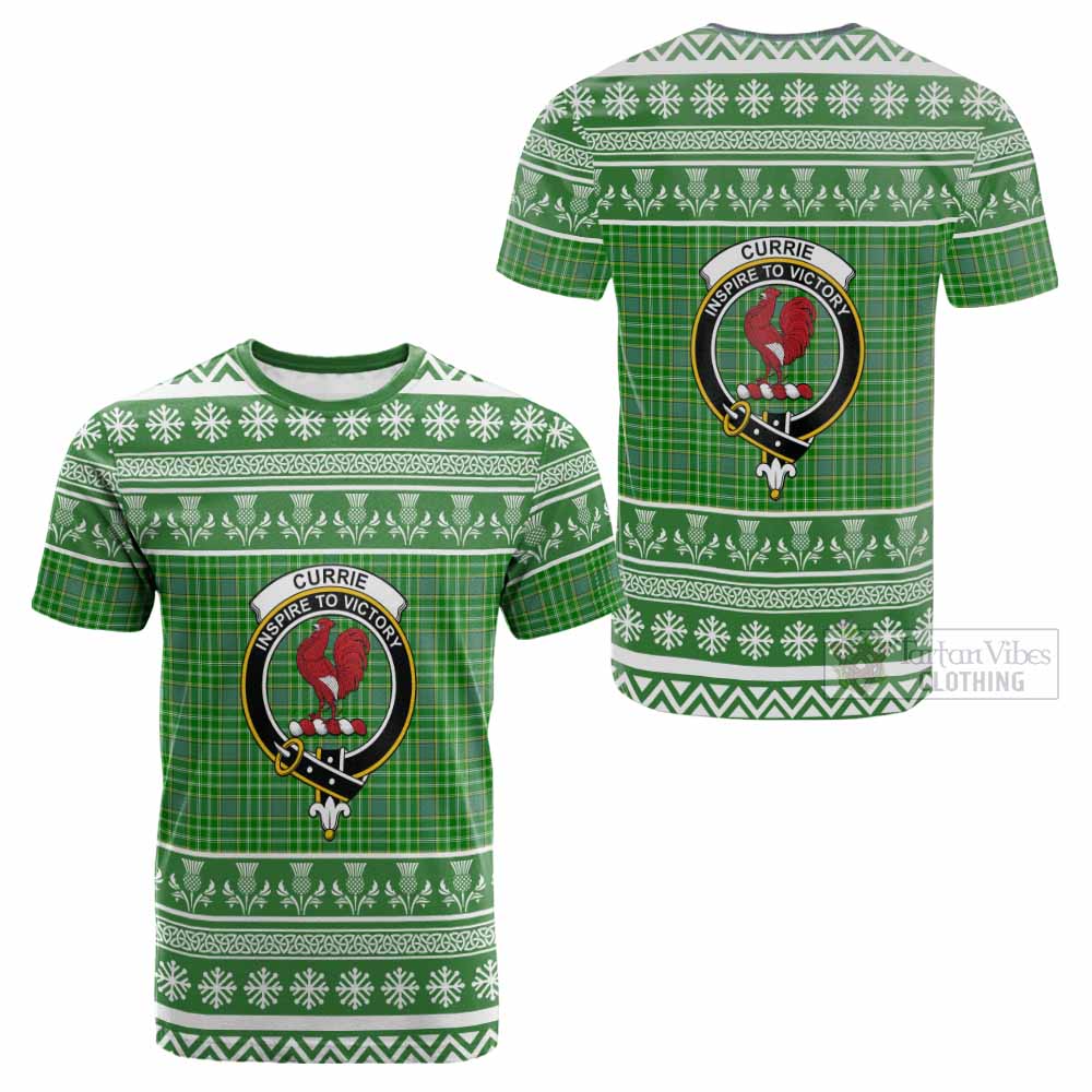 Currie Clan Tartan Christmas Cotton T-shirt with Family Crest - Tartan Vibes Clothing