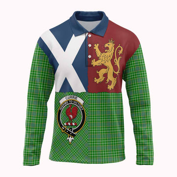 Currie Crest Tartan Long Sleeve Polo Shirt with Lion Rampant Saltire Style