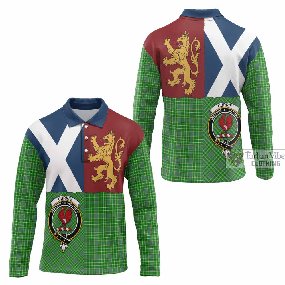 Currie Crest Tartan Long Sleeve Polo Shirt with Lion Rampant Saltire Style