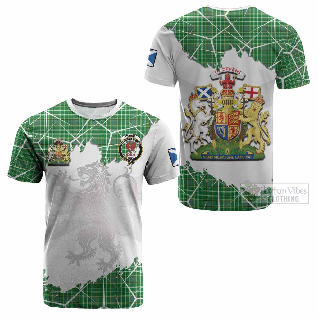 Currie Tartan Cotton T-shirt with Family Crest and Lion Rampant Grunge Style