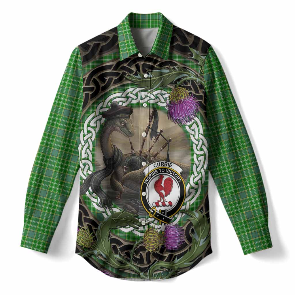 Currie Tartan Crest Bagpipe Nessie Women Casual Shirt Scottish Loch Ness Monster Celtic Thistle