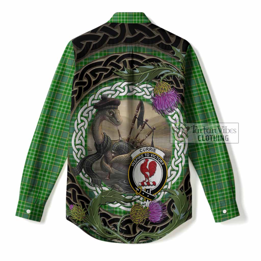 Currie Tartan Crest Bagpipe Nessie Women Casual Shirt Scottish Loch Ness Monster Celtic Thistle
