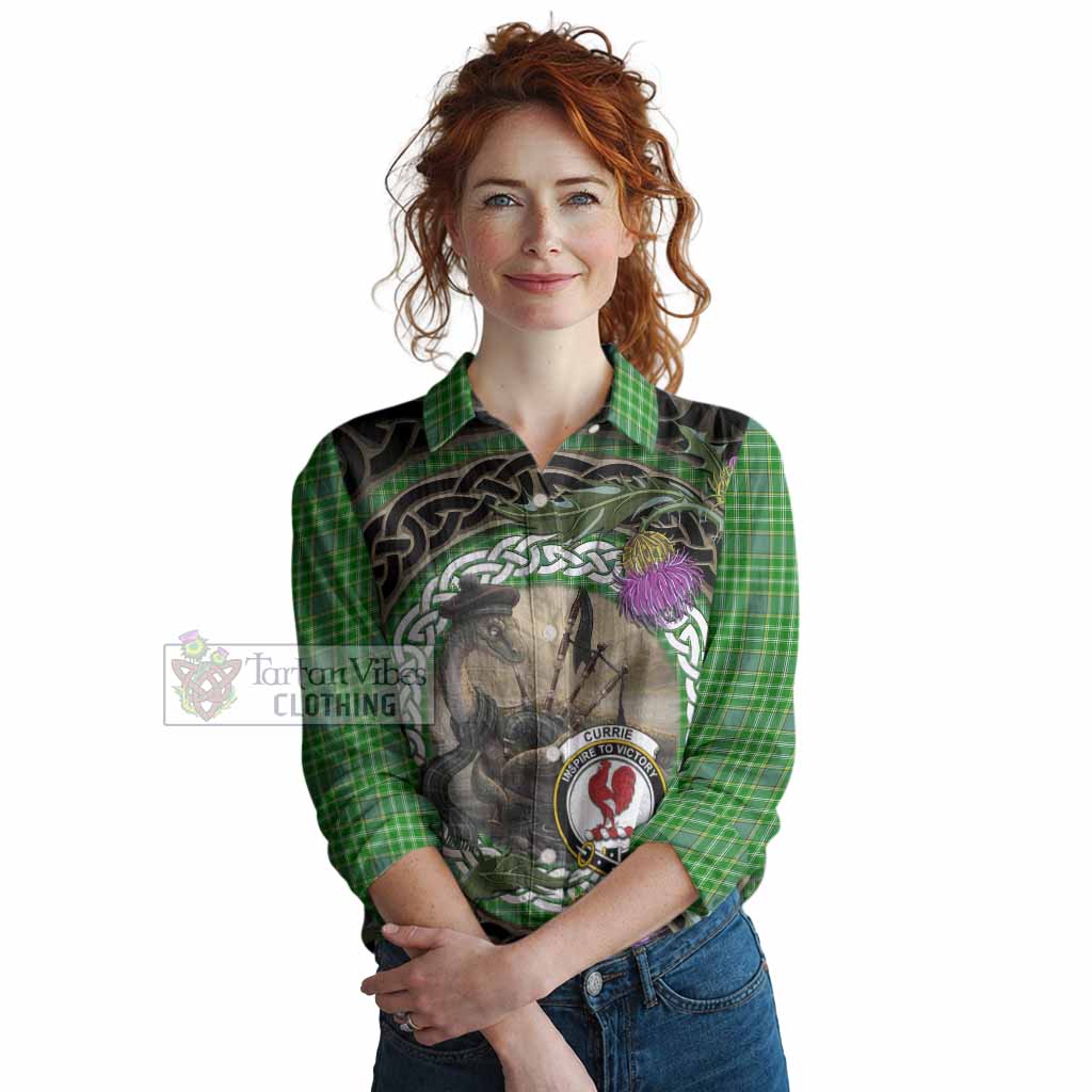 Currie Tartan Crest Bagpipe Nessie Women Casual Shirt Scottish Loch Ness Monster Celtic Thistle