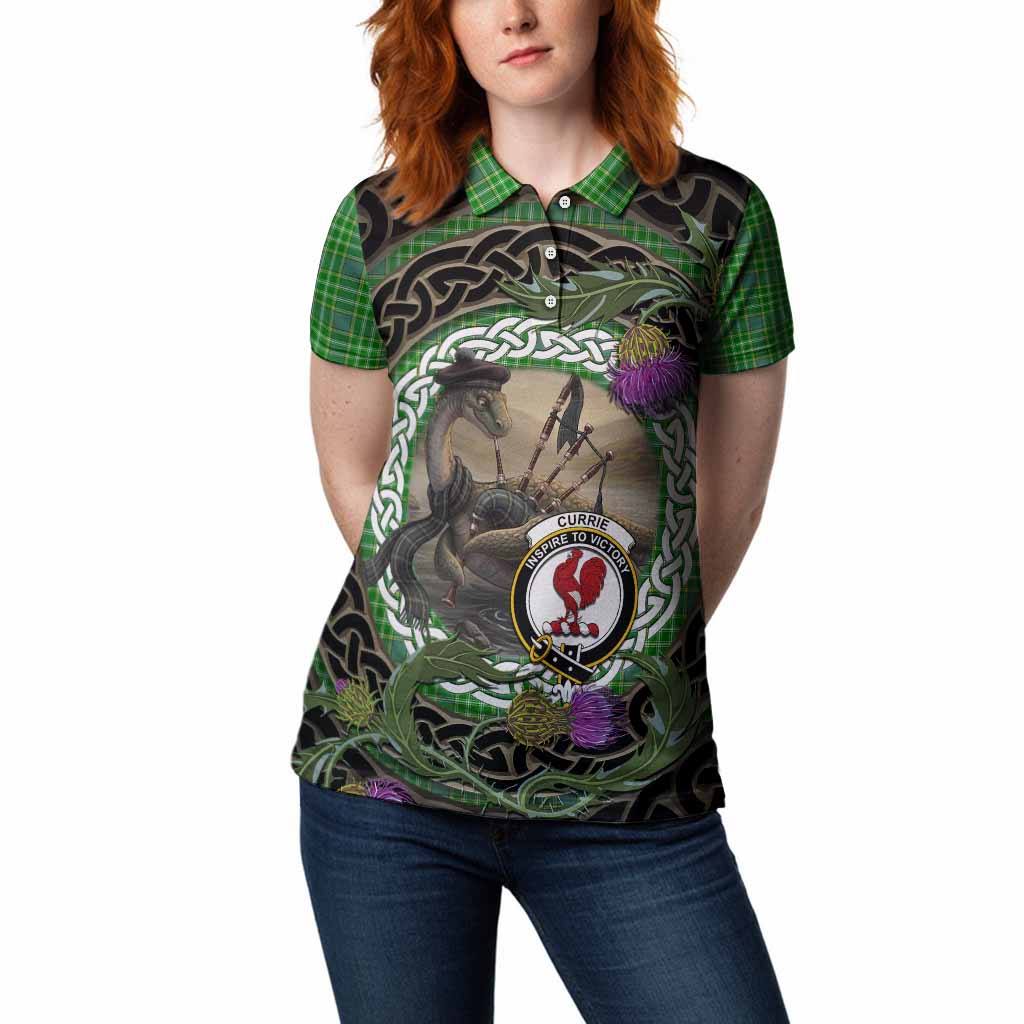 Currie Tartan Crest Bagpipe Nessie Women Polo Shirt Scottish Loch Ness Monster Celtic Thistle