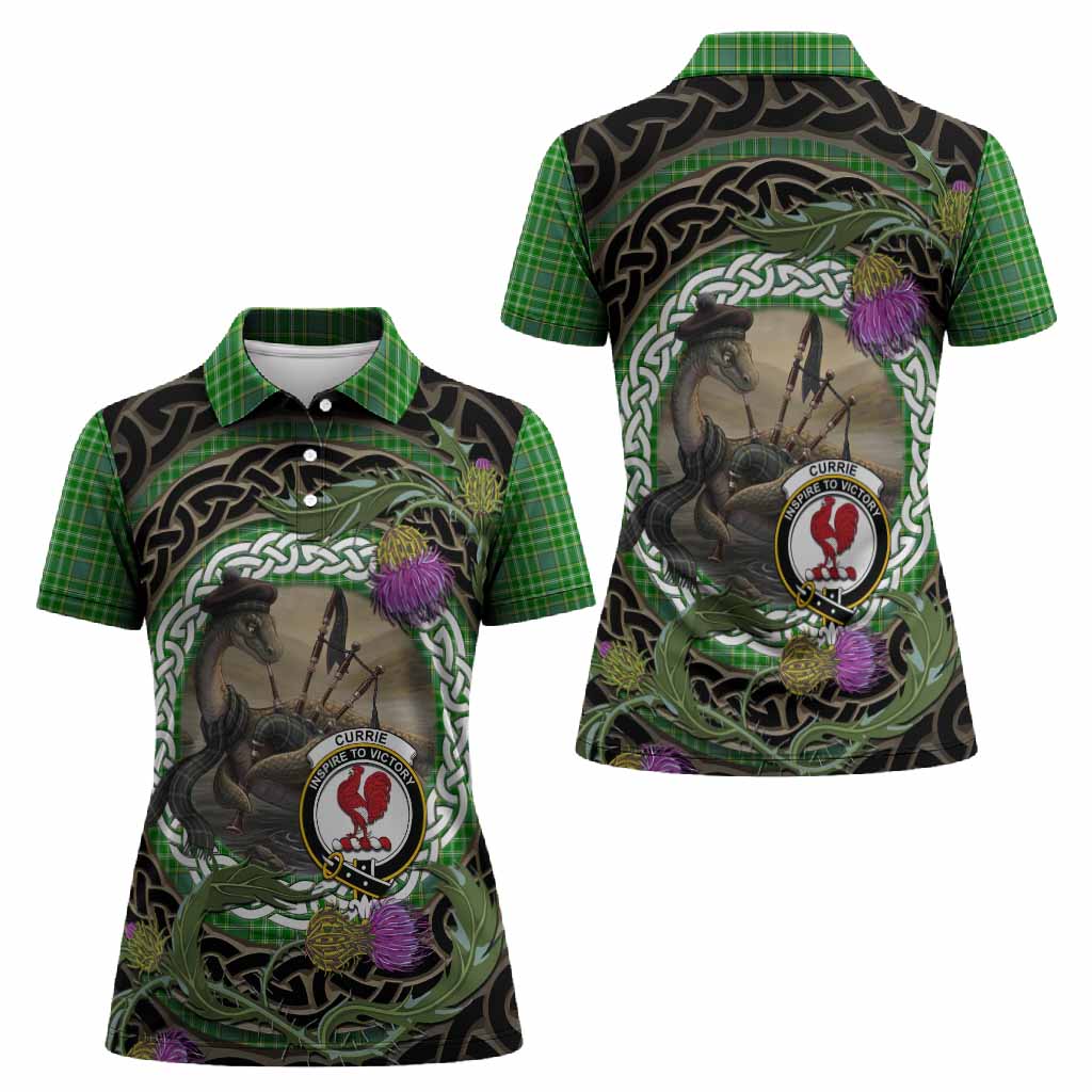 Currie Tartan Crest Bagpipe Nessie Women Polo Shirt Scottish Loch Ness Monster Celtic Thistle