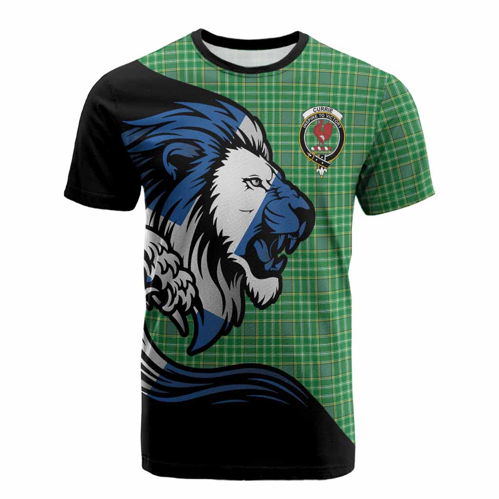 Currie Tartan Crest Cotton T-shirt Scottish Golden Lions Wave Flow