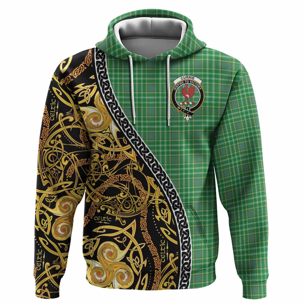 Currie Tartan Crest Hoodie Celtic Knot and Triple Trickle Spiral Symbols
