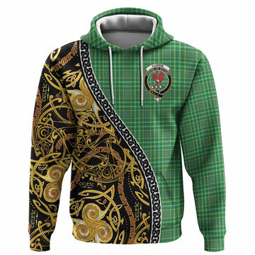 Currie Tartan Crest Hoodie Celtic Knot and Triple Trickle Spiral Symbols