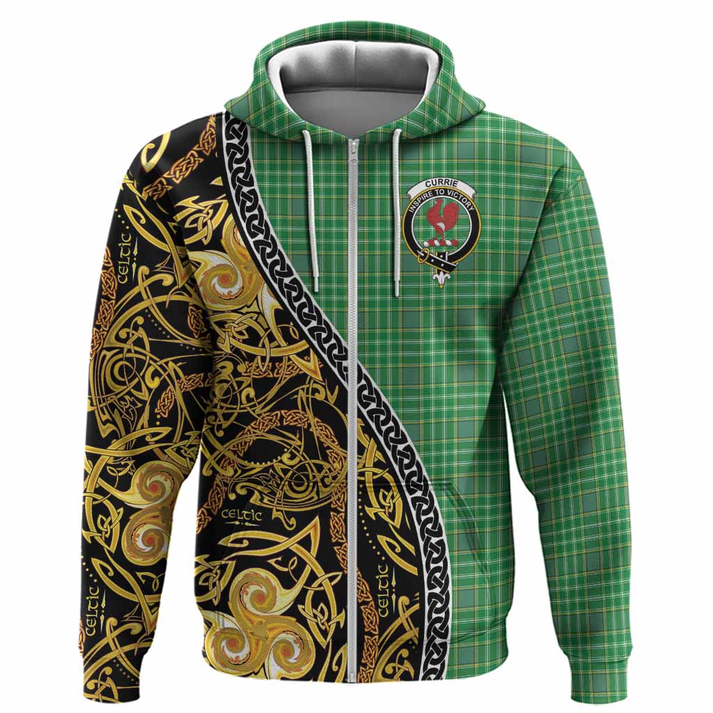 Currie Tartan Crest Hoodie Celtic Knot and Triple Trickle Spiral Symbols