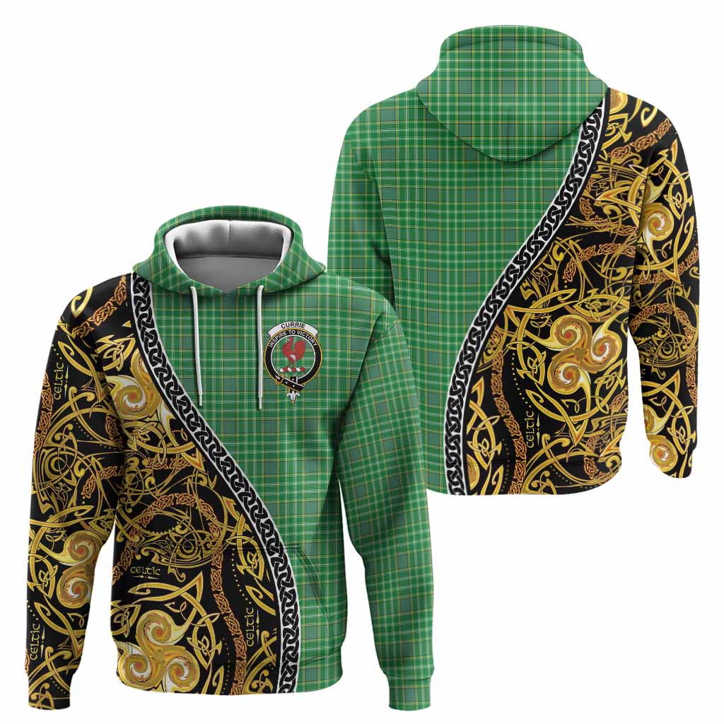 Currie Tartan Crest Hoodie Celtic Knot and Triple Trickle Spiral Symbols