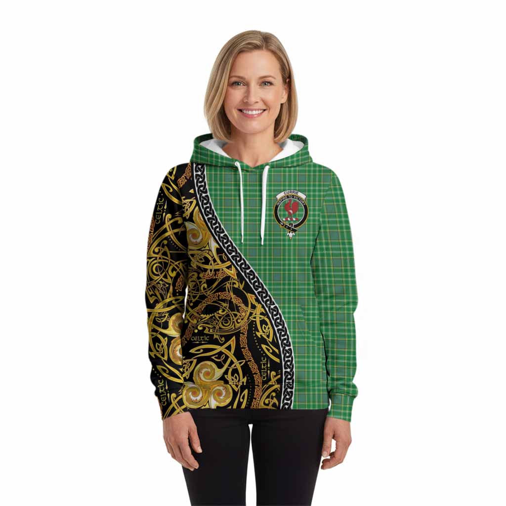 Currie Tartan Crest Hoodie Celtic Knot and Triple Trickle Spiral Symbols