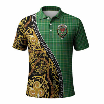 Currie Tartan Crest Polo Shirt Celtic Knot and Triple Trickle Spiral Symbols