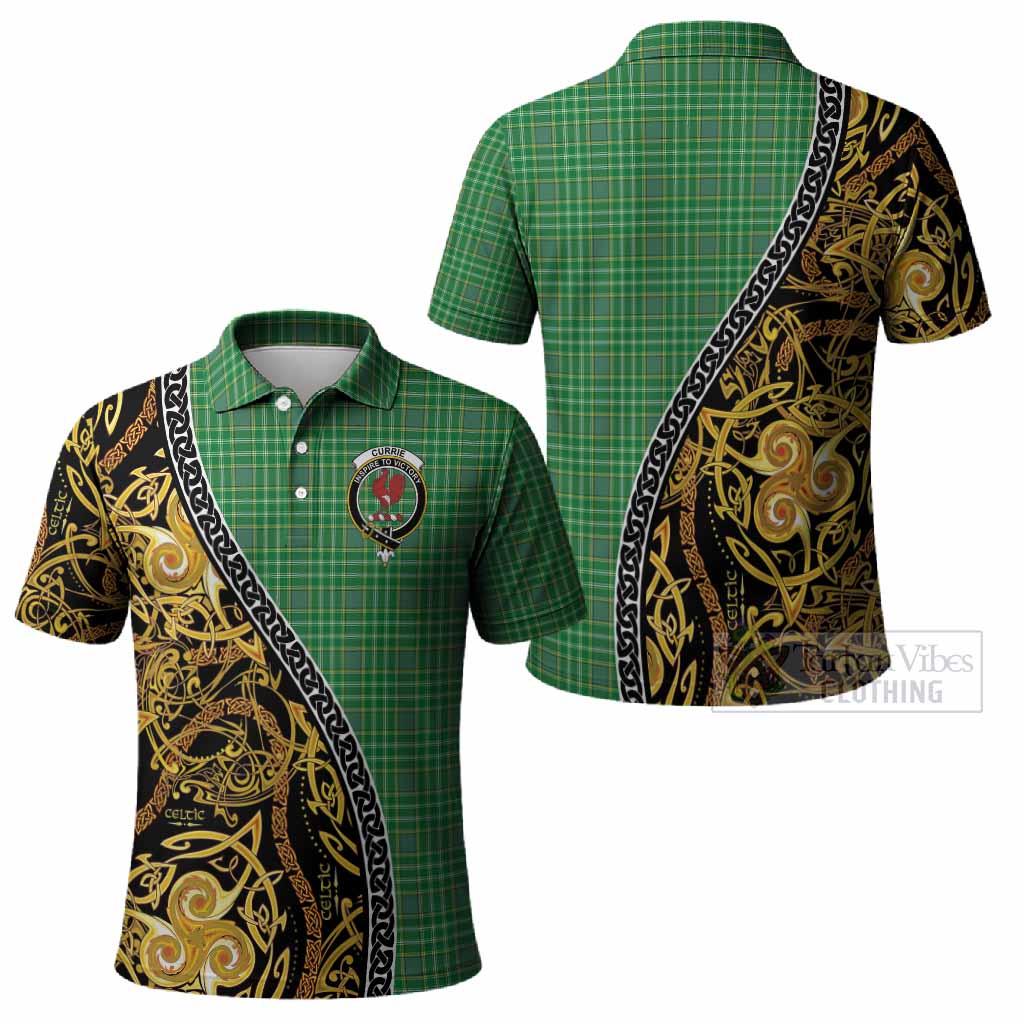 Currie Tartan Crest Polo Shirt Celtic Knot and Triple Trickle Spiral Symbols