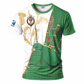 Currie Tartan Family Crest T-Shirt Bagpipes with Scottish Thistle