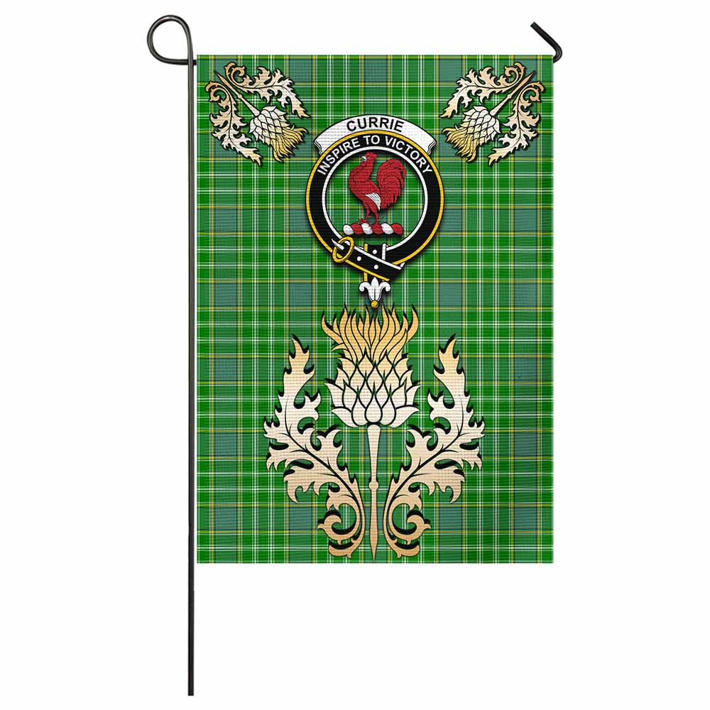 Currie Tartan Garden Flag with Golden Regal Scottish Thistle Emblem - Tartan Vibes Clothing