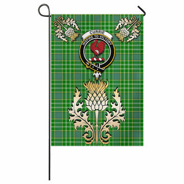 Currie Tartan Garden Flag with Golden Regal Scottish Thistle Emblem - Tartan Vibes Clothing