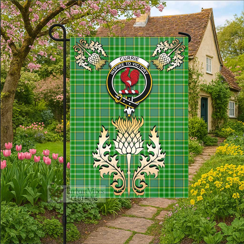 Currie Tartan Garden Flag with Golden Regal Scottish Thistle Emblem - Tartan Vibes Clothing