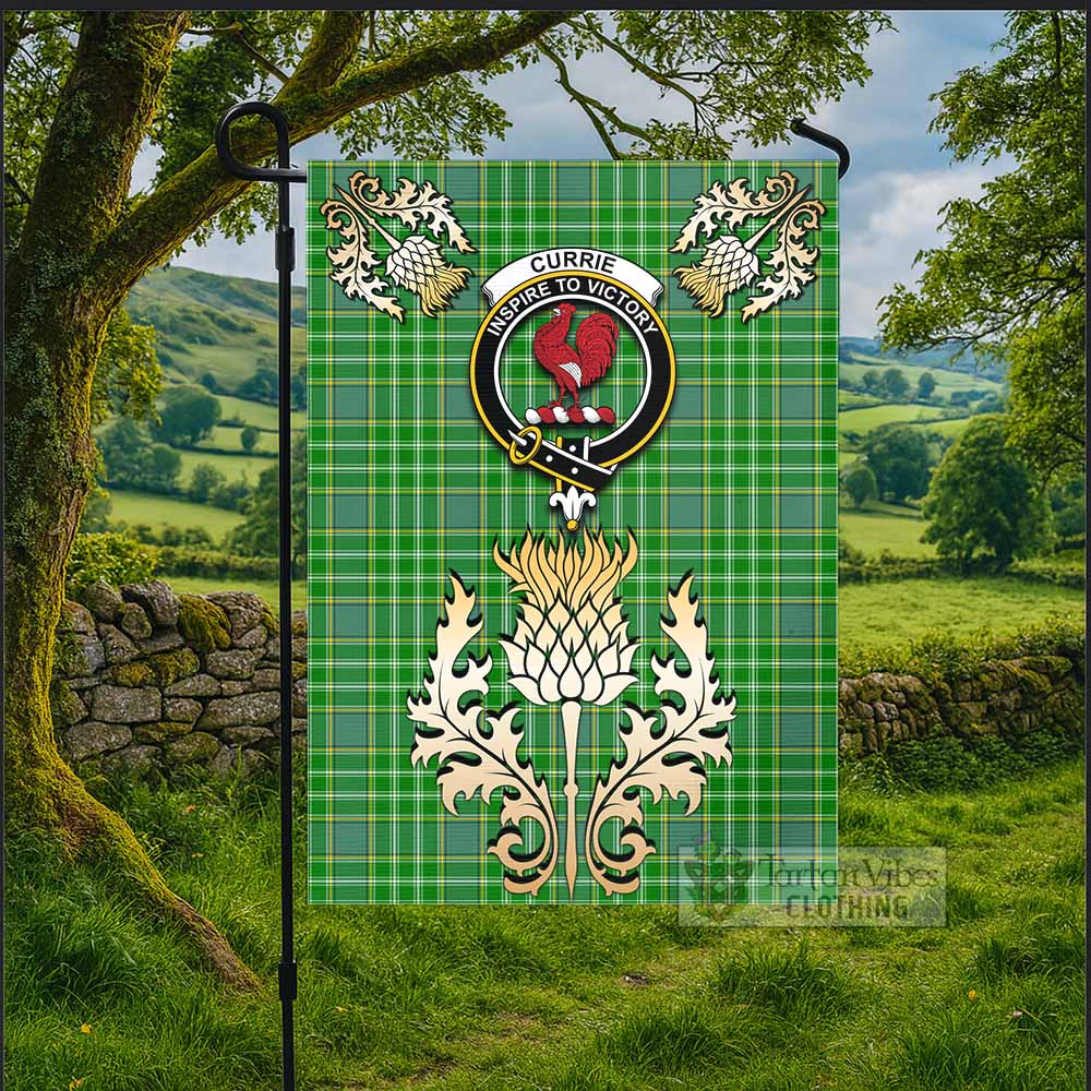 Currie Tartan Garden Flag with Golden Regal Scottish Thistle Emblem - Tartan Vibes Clothing
