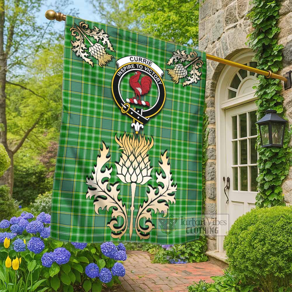 Currie Tartan Garden Flag with Golden Regal Scottish Thistle Emblem - Tartan Vibes Clothing