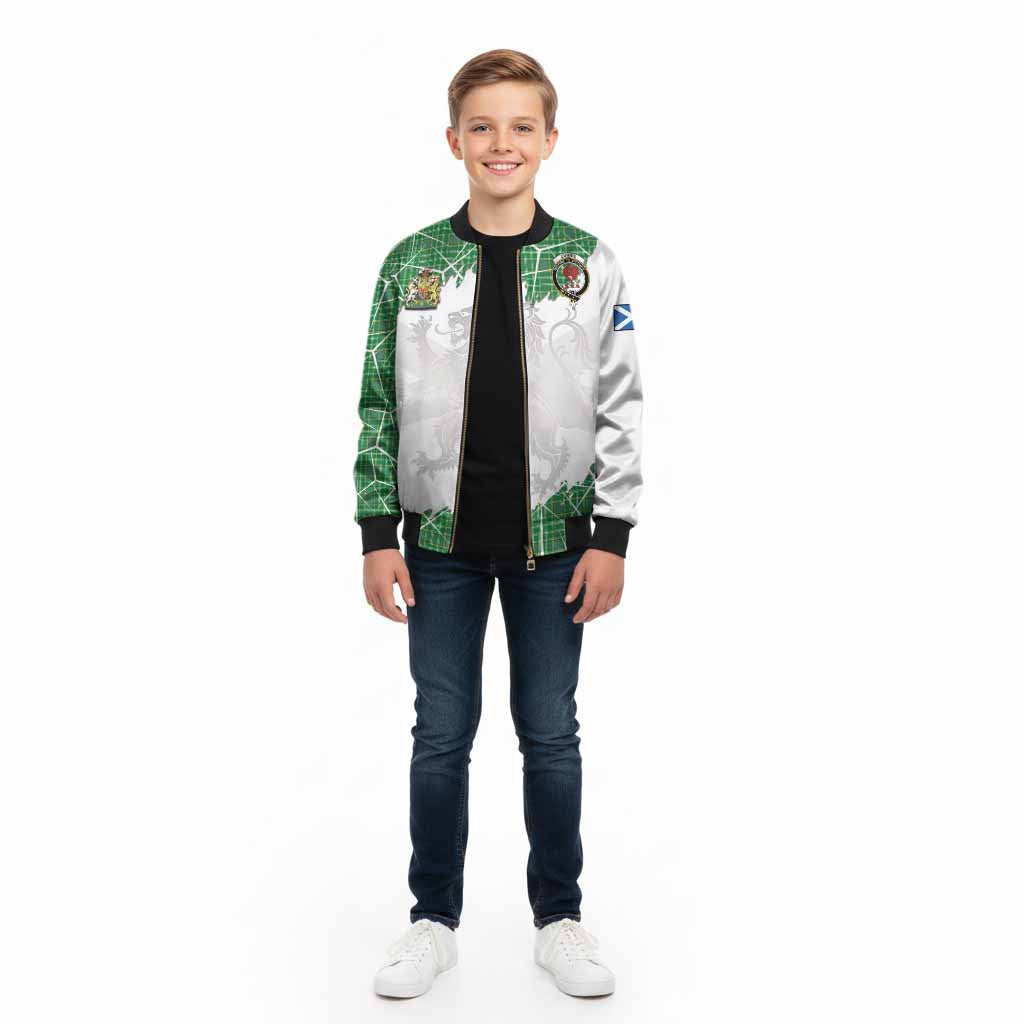 Currie Tartan Kid Bomber Jacket with Family Crest and Lion Rampant Grunge Style