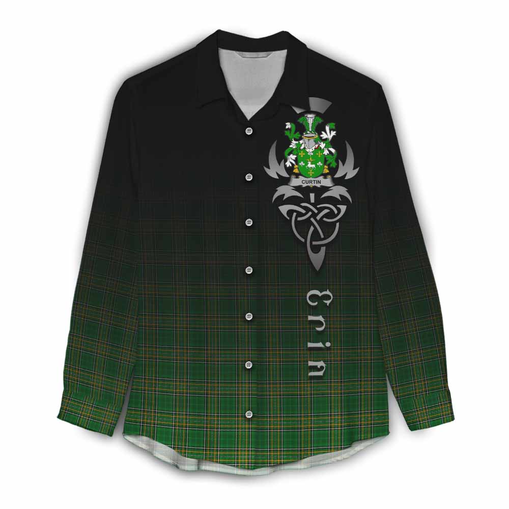 Tartan Vibes Clothing Curtin Irish Clan Women's Casual Shirt with Coat of Arms Erin Go Bragh Celtic Inspired