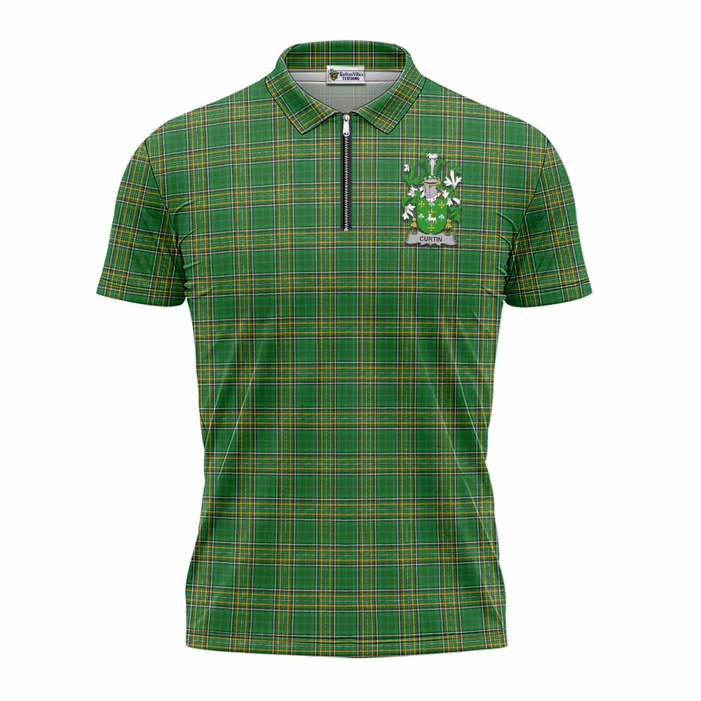Curtin Irish Clan Tartan Zipper Polo Shirt with Coat of Arms