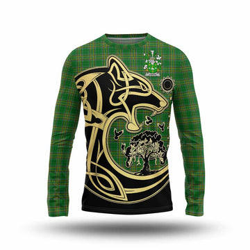 Curtin Irish Tartan Long Sleeve T-Shirt with Coat of Arms Celtic Wolf Style