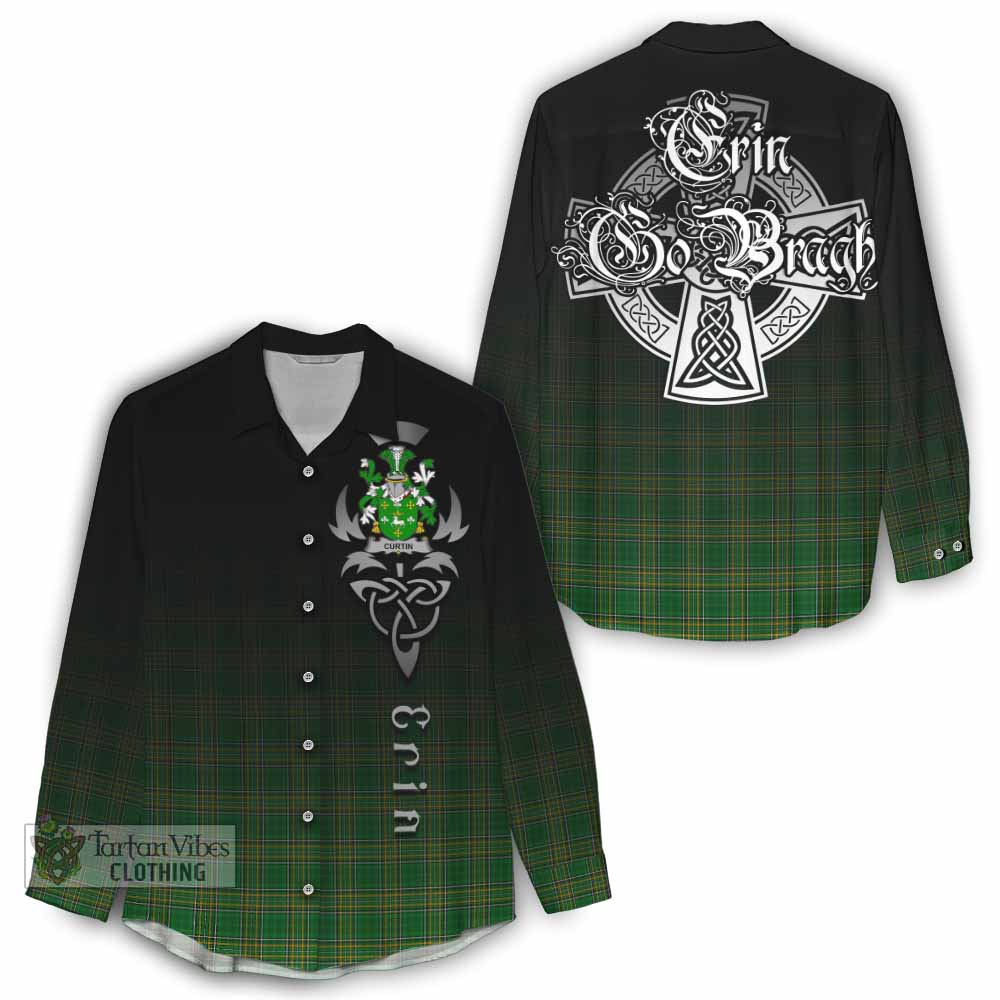 Tartan Vibes Clothing Curtin Irish Clan Women's Casual Shirt with Coat of Arms Erin Go Bragh Celtic Inspired