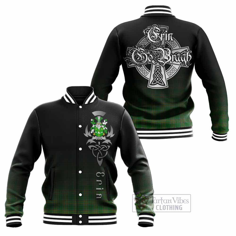 Tartan Vibes Clothing Curtin Irish Clan Baseball Jacket with Coat of Arms Erin Go Bragh Celtic Inspired