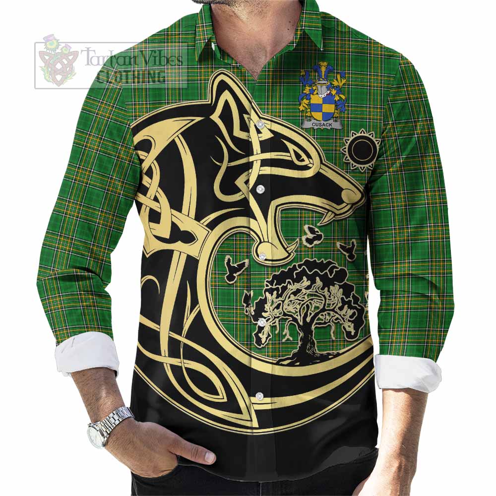 Cusack Irish Tartan Long Sleeve Button Shirt with Coat of Arms Celtic Wolf Style - Tartan Vibes Clothing