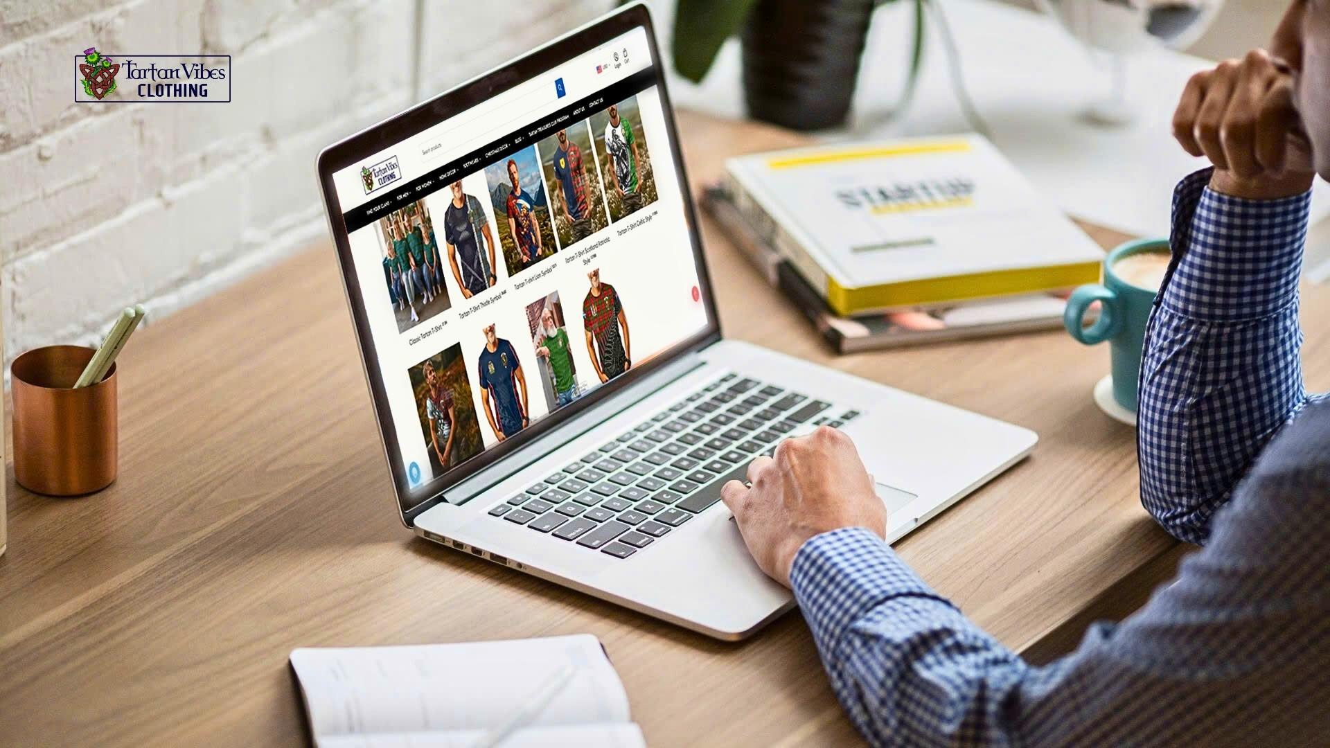 Customer browsing tartan fashion products on print-on-demand website