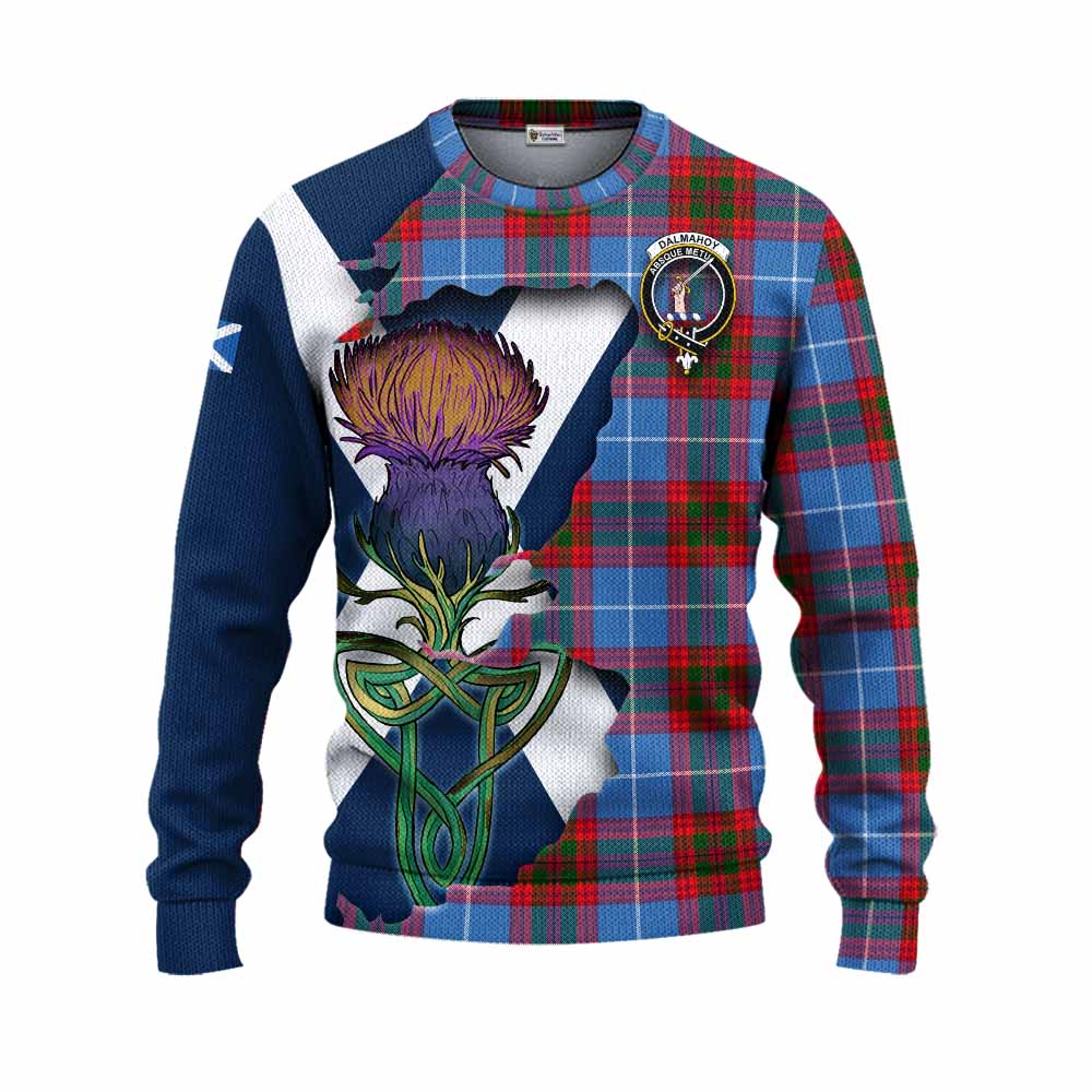 Tartan Vibes Clothing Dalmahoy Tartan Family Crest Knitted Sweater Scottish Thistle Celtic Inspired