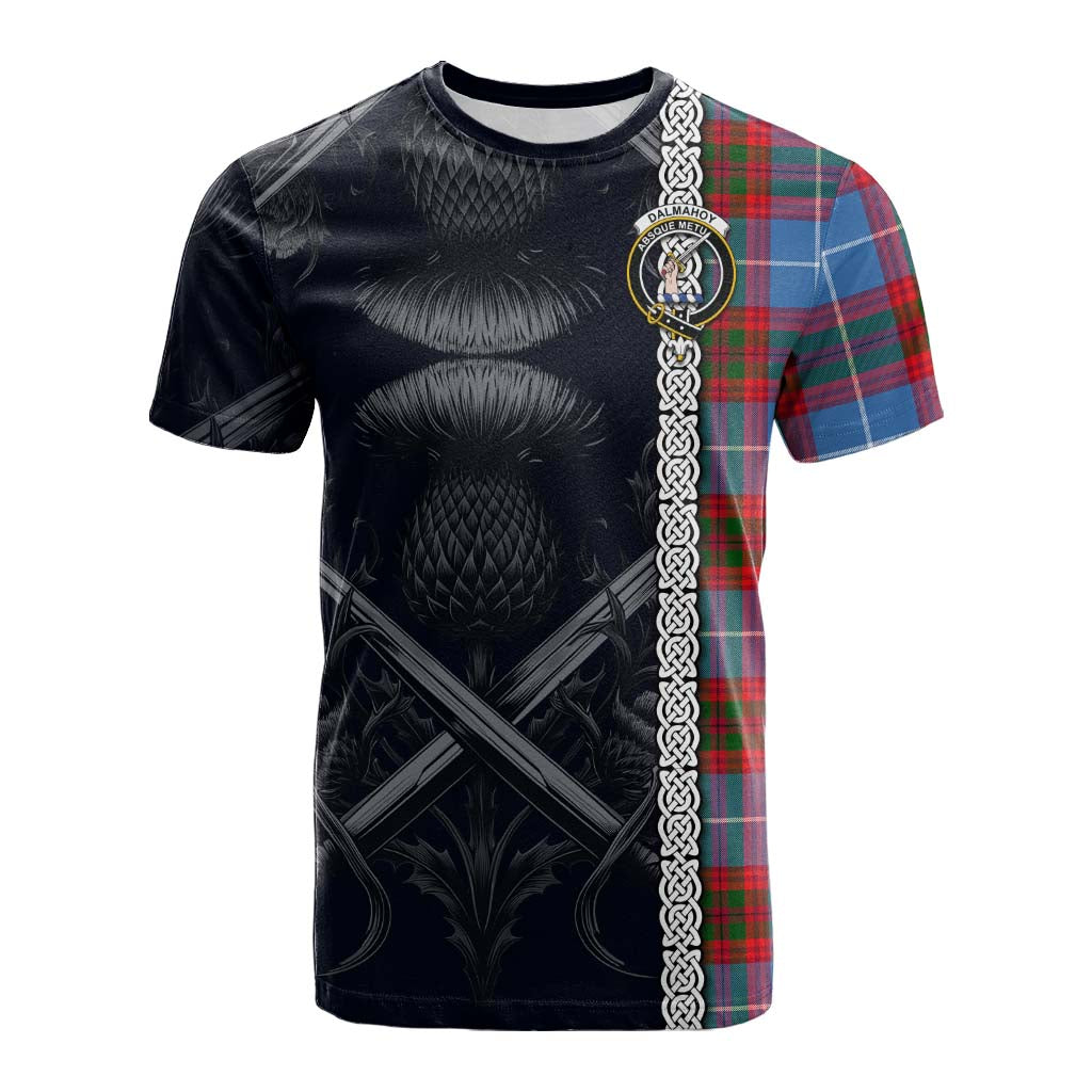 Tartan Vibes Clothing Dalmahoy Tartan Cotton T-shirt with Family Crest Cross Sword Thistle Celtic Vibes