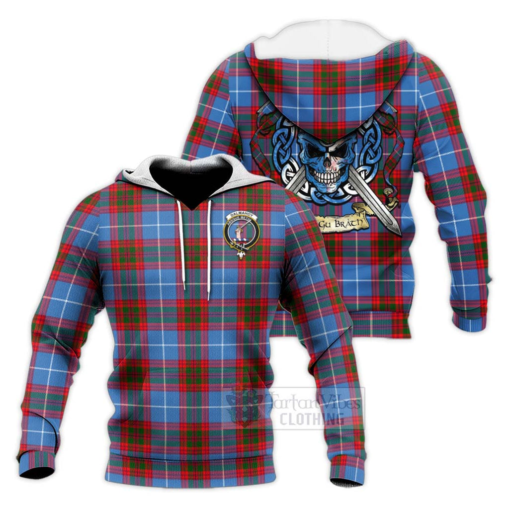 Tartan Vibes Clothing Dalmahoy Tartan Knitted Hoodie with Family Crest Celtic Skull Style