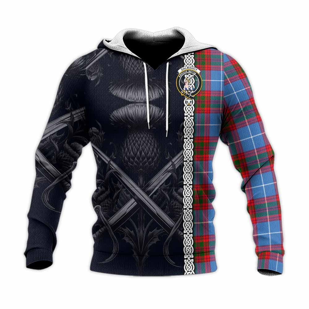 Tartan Vibes Clothing Dalmahoy Tartan Knitted Hoodie with Family Crest Cross Sword Thistle Celtic Vibes