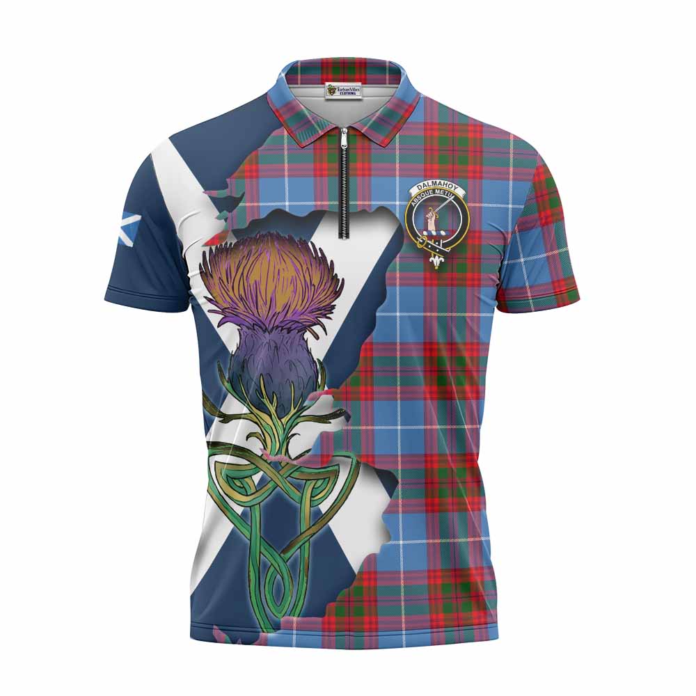 Tartan Vibes Clothing Dalmahoy Tartan Family Crest Zipper Polo Shirt Scottish Thistle Celtic Inspired