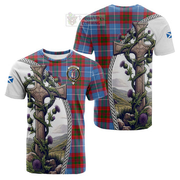 Dalmahoy Tartan Cotton T-shirt with Family Crest and St. Andrew's Cross Accented by Thistle Vines