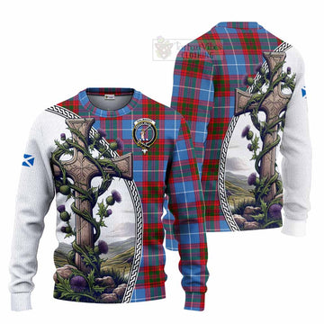 Dalmahoy Tartan Knitted Sweater with Family Crest and St. Andrew's Cross Accented by Thistle Vines Unisex - Tartan Vibes Clothing