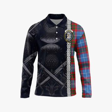 Dalmahoy Tartan Long Sleeve Polo Shirt with Family Crest Cross Sword Thistle Celtic Vibes Unisex - Tartan Vibes Clothing