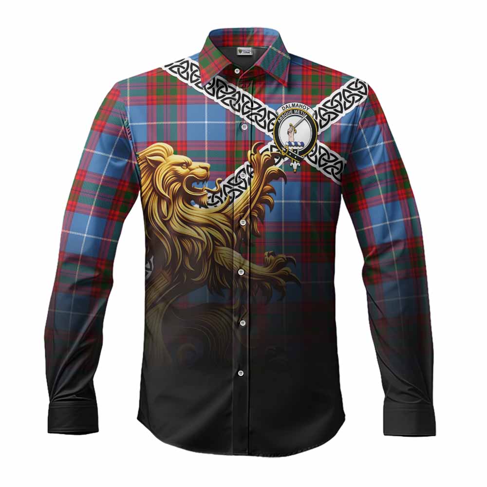 Dalmahoy Crest Tartan Long Sleeve Button Shirt with Golden Lion Emblem Celtic Style Men's Shirt S - Tartan Vibes Clothing