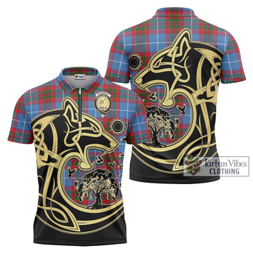 Dalmahoy Tartan Zipper Polo Shirt with Family Crest Celtic Wolf Style Unisex - Tartan Vibes Clothing
