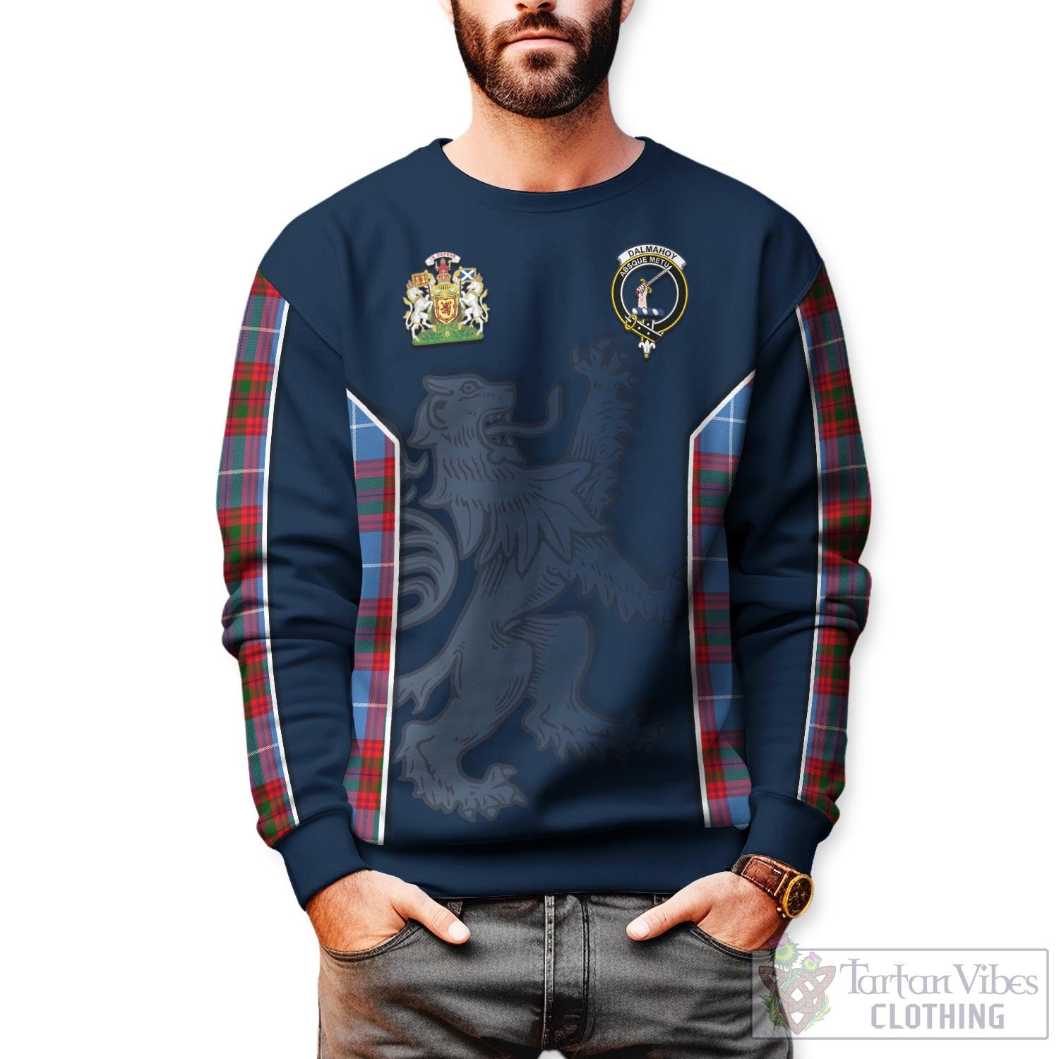 Tartan Vibes Clothing Dalmahoy Tartan Sweater with Family Crest and Lion Rampant Vibes Sport Style