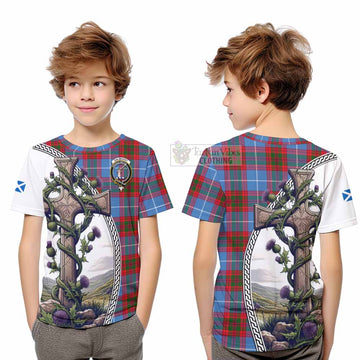 Dalmahoy Tartan Kid T-Shirt with Family Crest and St. Andrew's Cross Accented by Thistle Vines Youth XL Size14 - Tartan Vibes Clothing