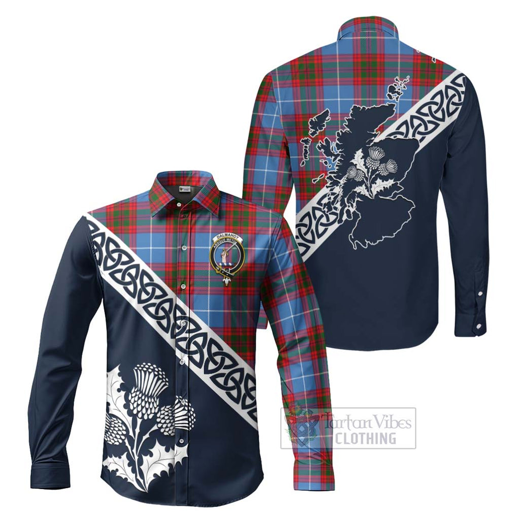 Dalmahoy Tartan Long Sleeve Button Shirt Featuring Thistle and Scotland Map Men's Shirt S - Tartan Vibes Clothing