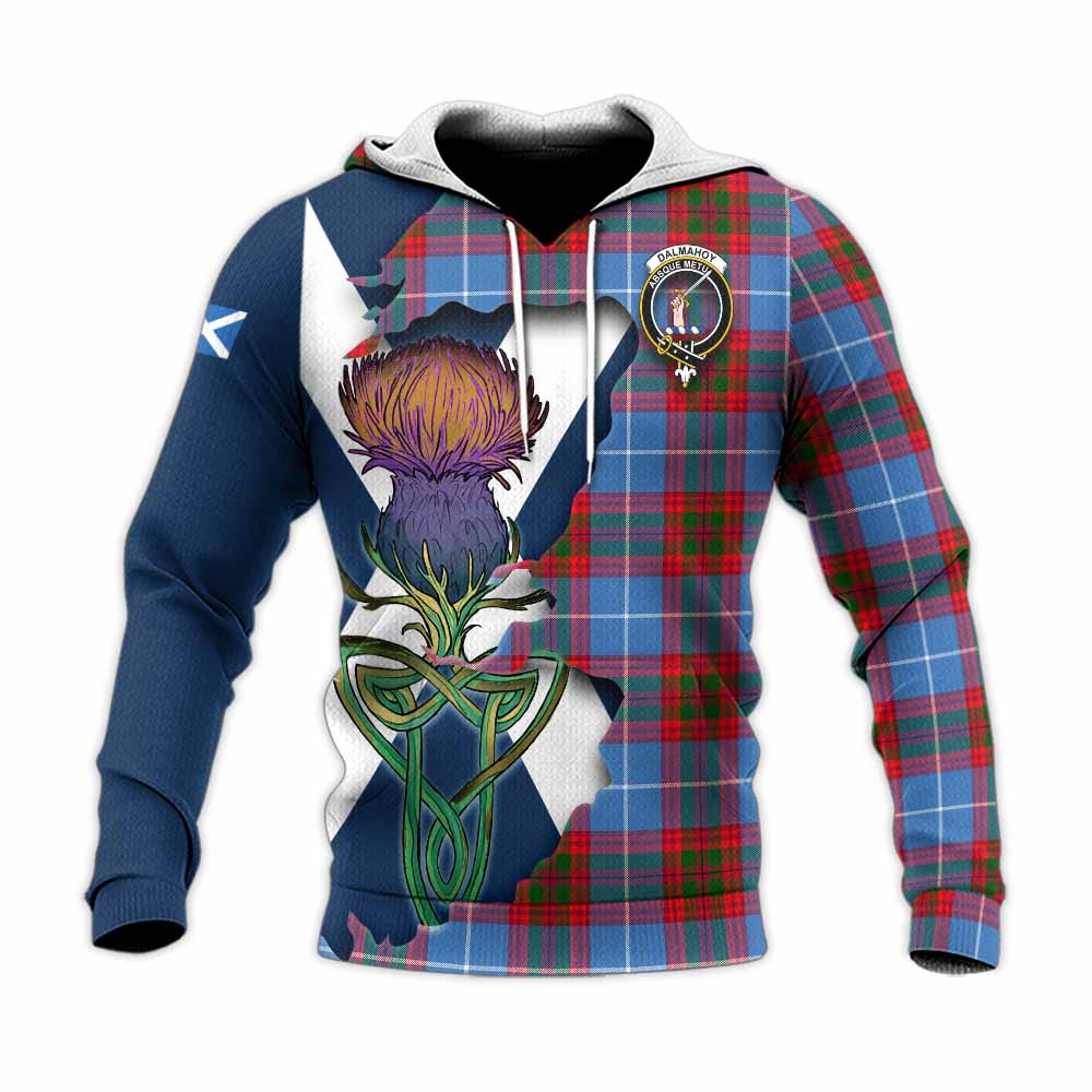 Tartan Vibes Clothing Dalmahoy Tartan Family Crest Knitted Hoodie Scottish Thistle Celtic Inspired
