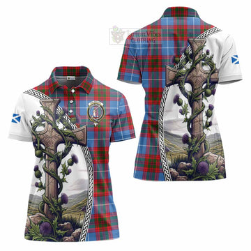 Dalmahoy Tartan Women's Polo Shirt with Family Crest and St. Andrew's Cross Accented by Thistle Vines Women - Tartan Vibes Clothing